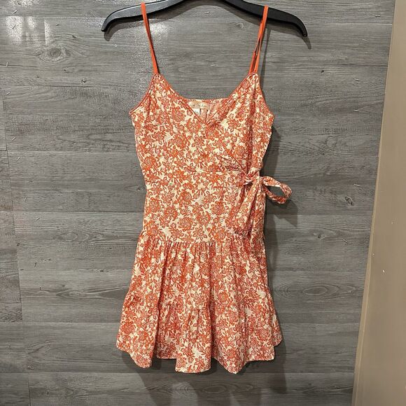 BAND OF THE FREE Size Small Floral Faux Wrap Dress Orange Beige - Picture 1 of 12